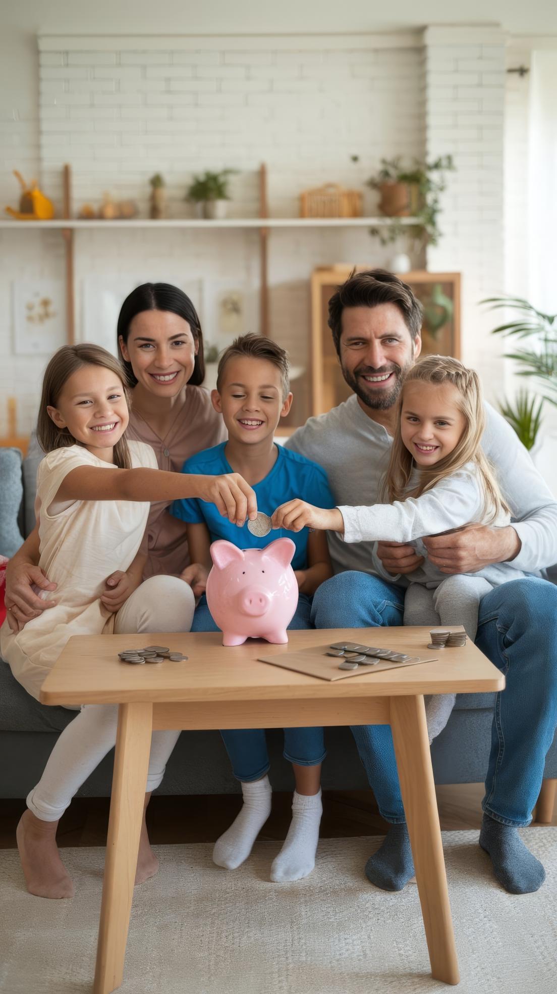 cheerful-mother-father-with-kids-smiling-putting-coins-into-piggy-bank-while-sitting-sof