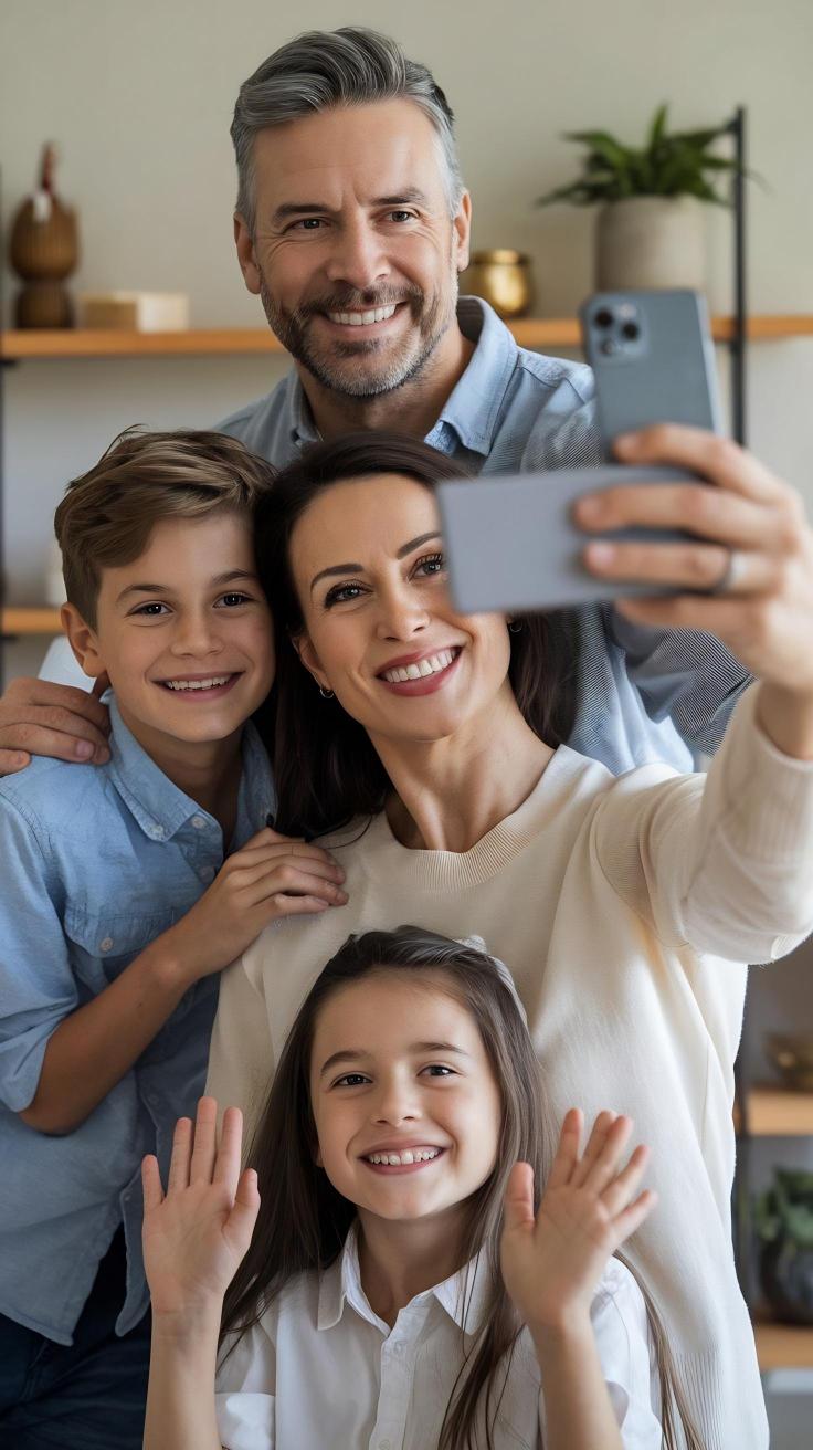 smiling-family-taking-selfie-smart-phone-home